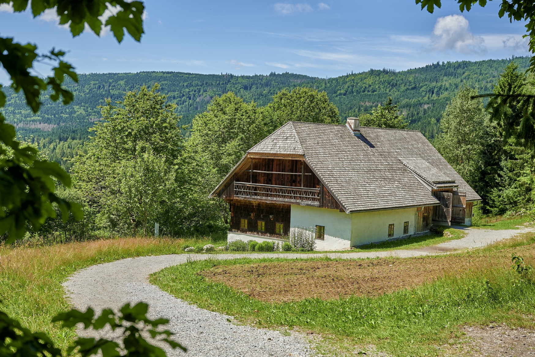 Hofstelle neben Feldweg und Feld vor Bäumen und bewaldetem Hügel