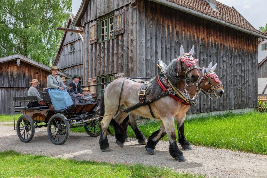 Kutschfahrten auf dem weitläufigen Gelände des Schwäbischen Freilichtmuseums in Illerbeuren